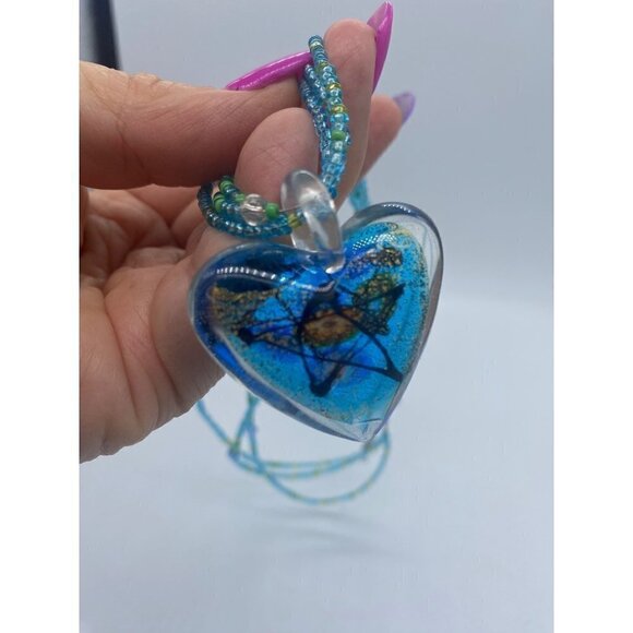 Glass Blown Blue Heart with Gold Star Art Multi-strand Beaded Glass Necklace - Picture 11 of 12